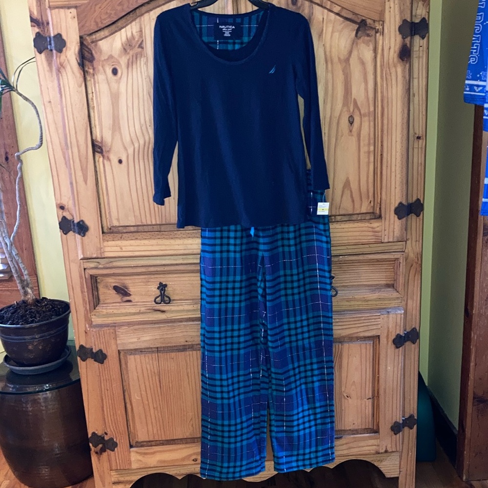 Nautica Navy Top with Blue and Green Plaid Pajama Pants